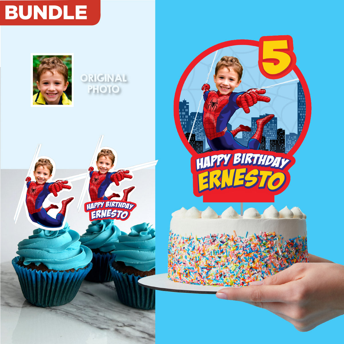 Bundle Matching Cupcake and Cake toppers for a Spiderman-themed birthday party with your kid as Spiderman. 101B5
