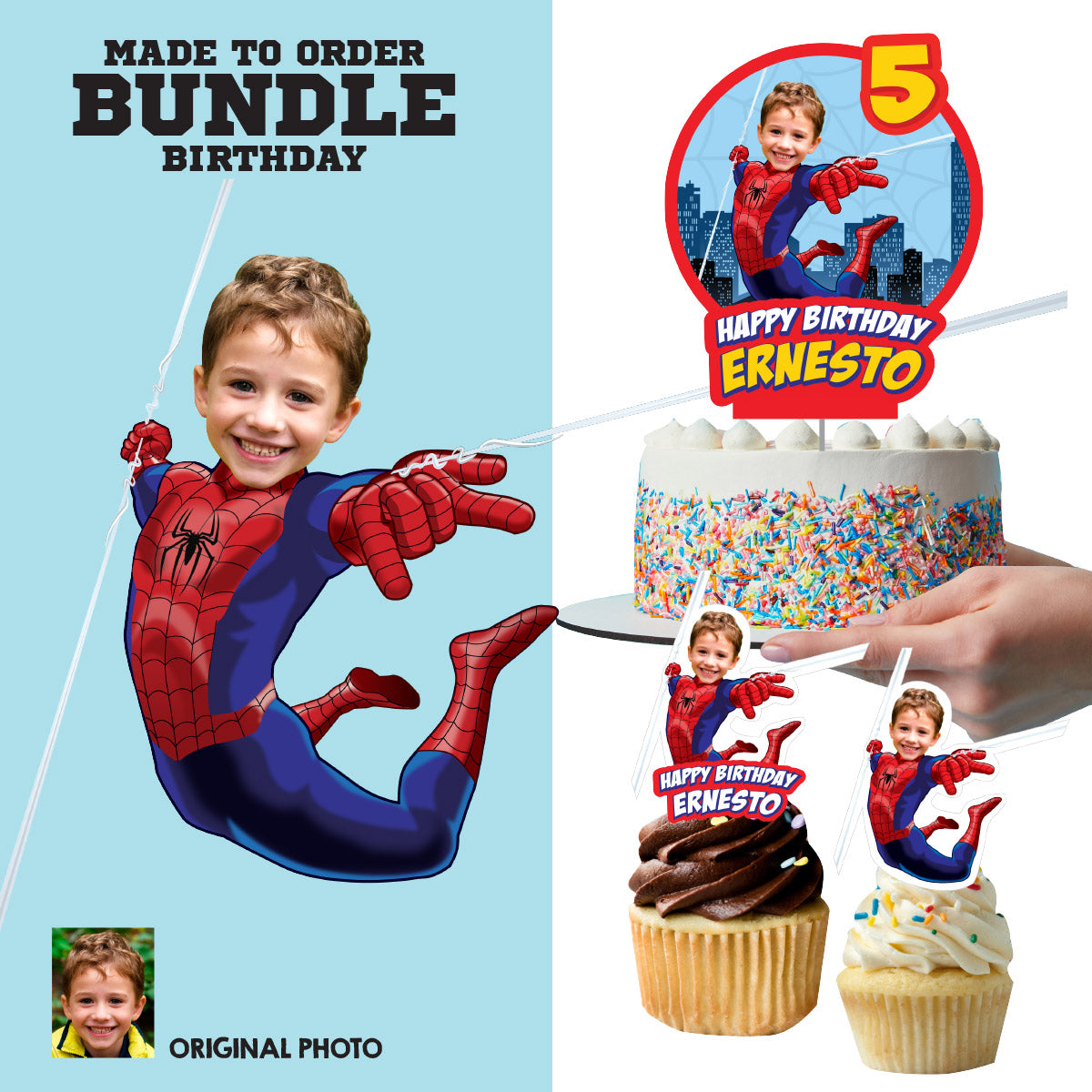 Bundle Matching Cupcake and Cake toppers for a Spiderman-themed birthday party with your kid as Spiderman. 101B5