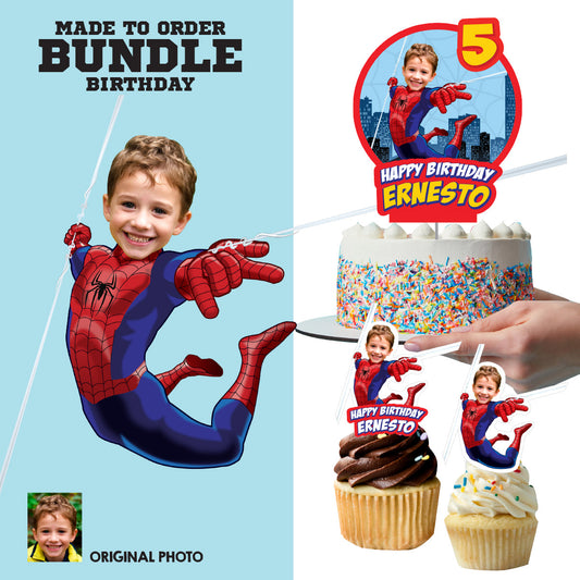 Bundle Matching Cupcake and Cake toppers for a Spiderman-themed birthday party with your kid as Spiderman. 101B5