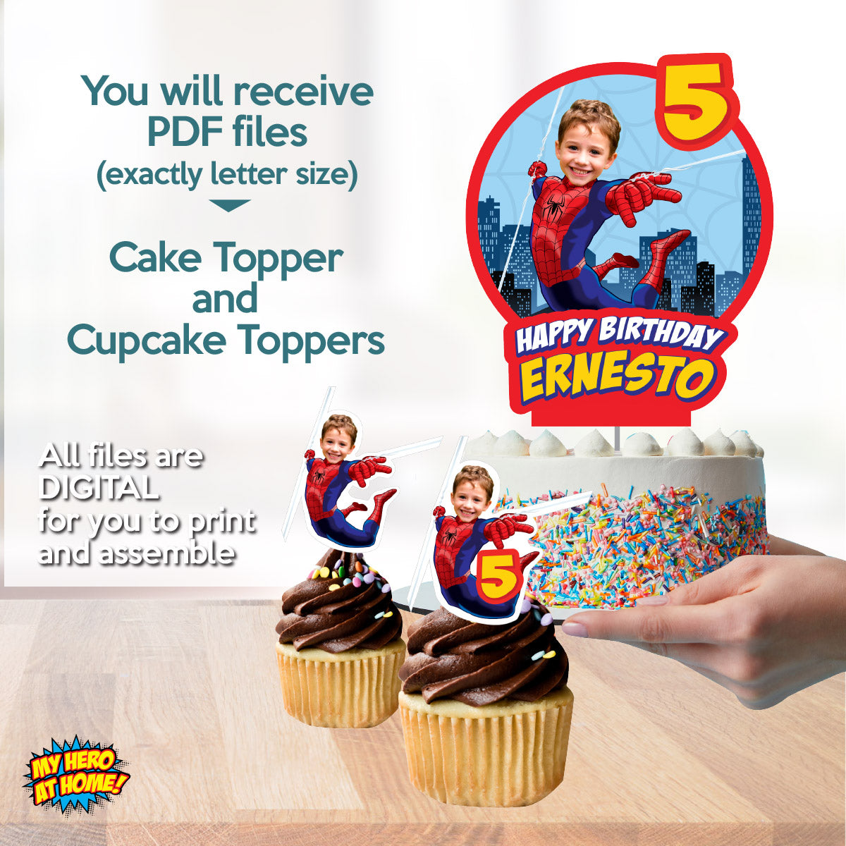 Bundle Matching Cupcake and Cake toppers for a Spiderman-themed birthday party with your kid as Spiderman. 101B5