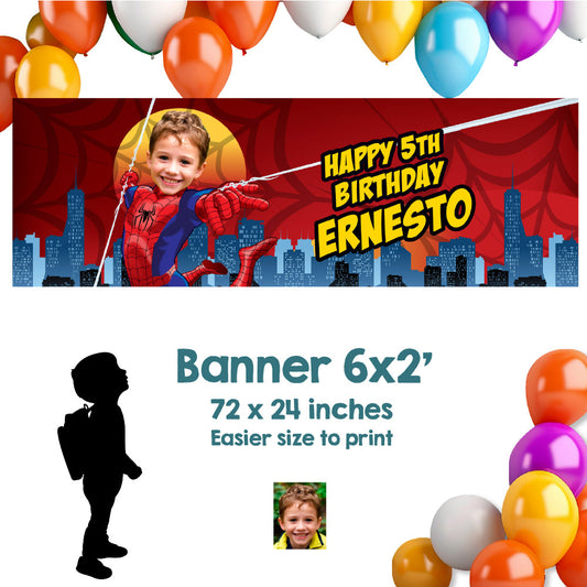 Spiderman birthday party banner customized with your kid as Spiderman (6x2', Horizontal, Easy to print). 101BBH