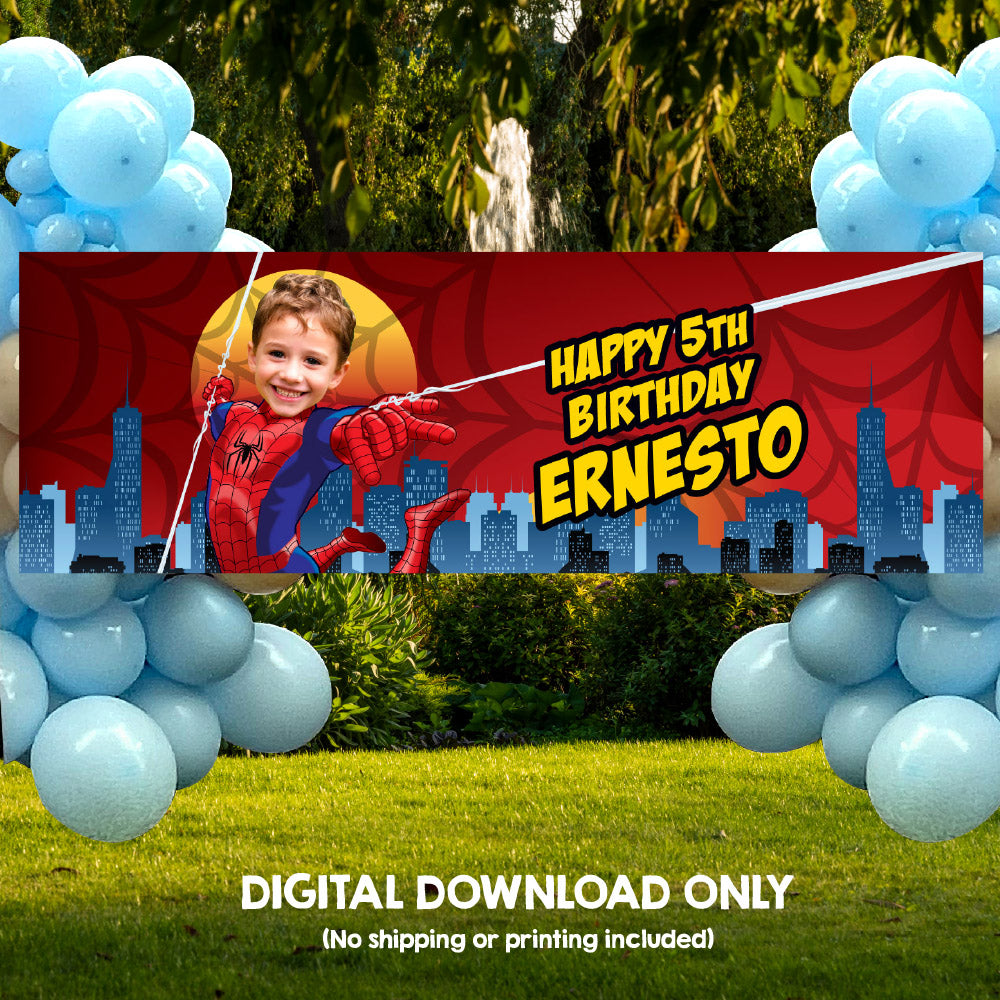 Spiderman birthday party banner customized with your kid as Spiderman (6x2', Horizontal, Easy to print). 101BBH