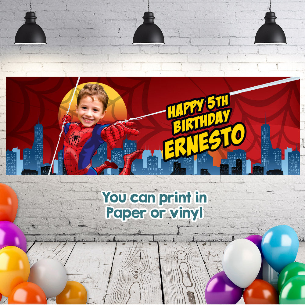 Spiderman birthday party banner customized with your kid as Spiderman (6x2', Horizontal, Easy to print). 101BBH