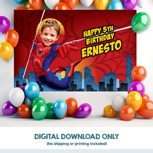 Spiderman Banner with birthday boy as the star, Custom Spiderman Birthday Backdrop. 101BB
