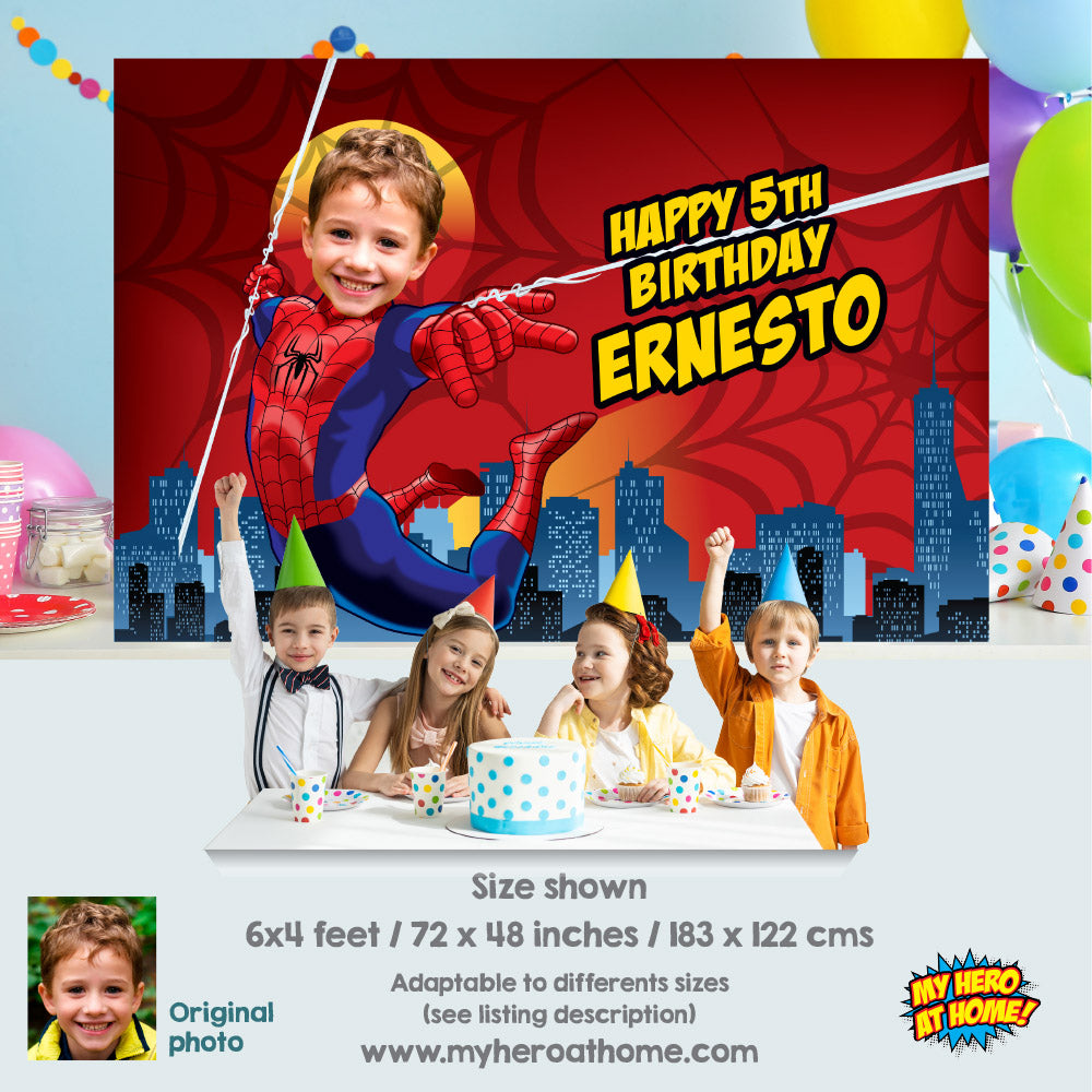 Spiderman Banner with birthday boy as the star, Custom Spiderman Birthday Backdrop. 101BB