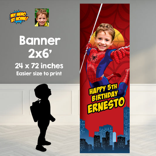Customized Spiderman vertical birthday party banner with birthday kid as Spiderman (Portrait, Roll up banner). 101BBV