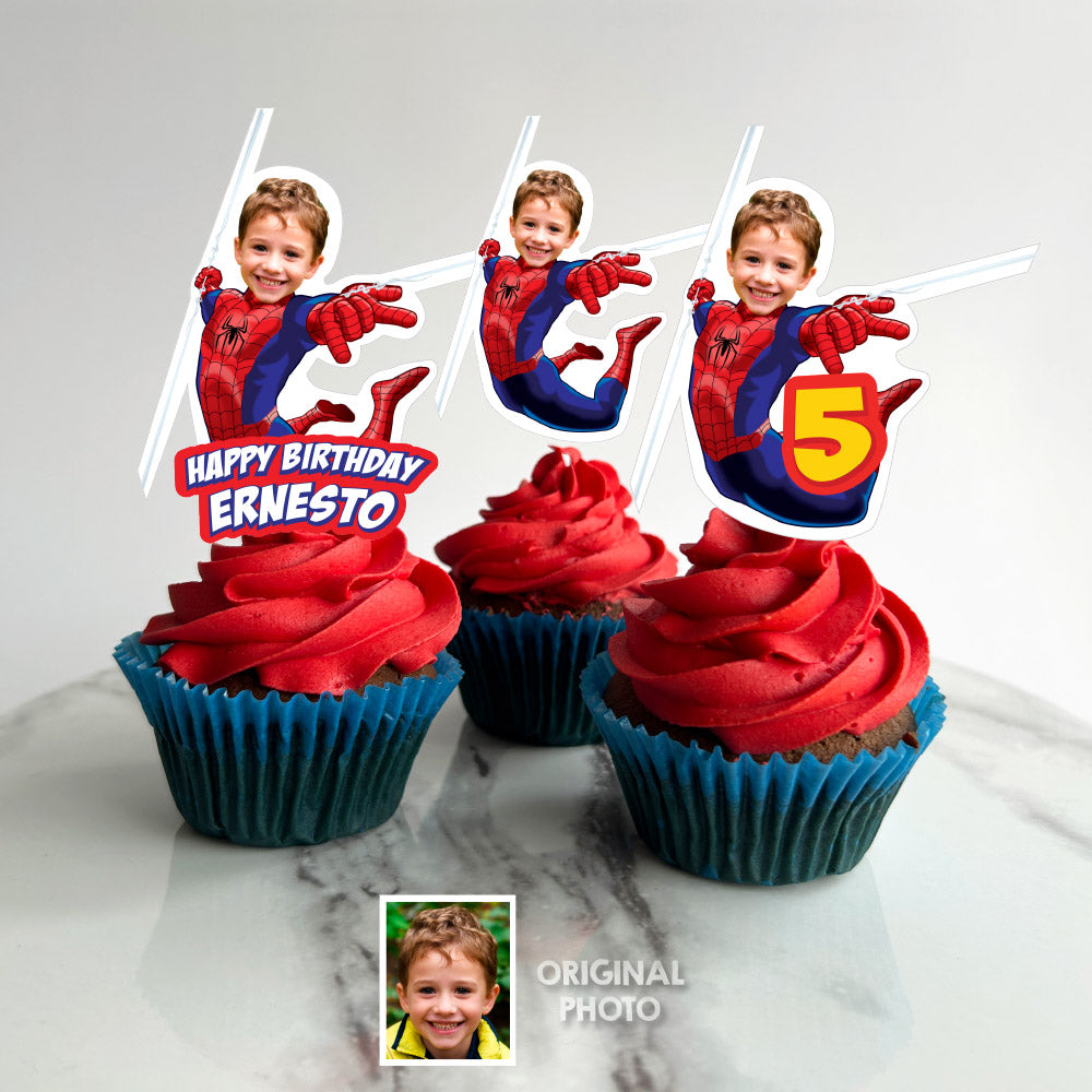 Bundle Matching Cupcake and Cake toppers for a Spiderman-themed birthday party with your kid as Spiderman. 101B5