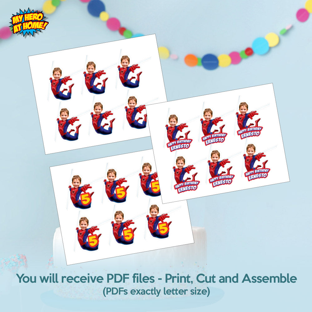 Bundle Matching Cupcake and Cake toppers for a Spiderman-themed birthday party with your kid as Spiderman. 101B5