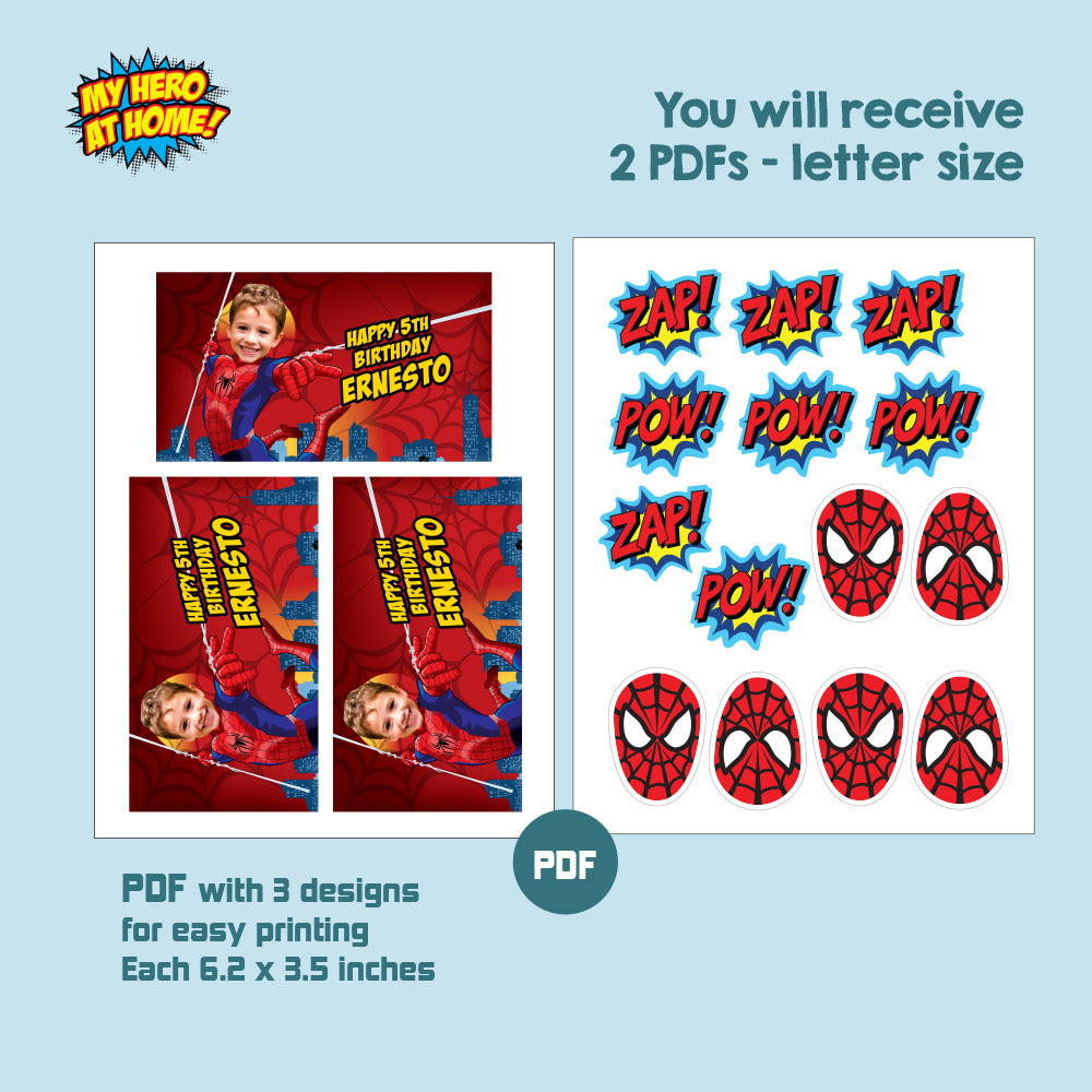 Customized Bundle Spiderman snacks labels with photo: water wrappers and Juice pouch, Chip bags, Candy boxes. 101B3