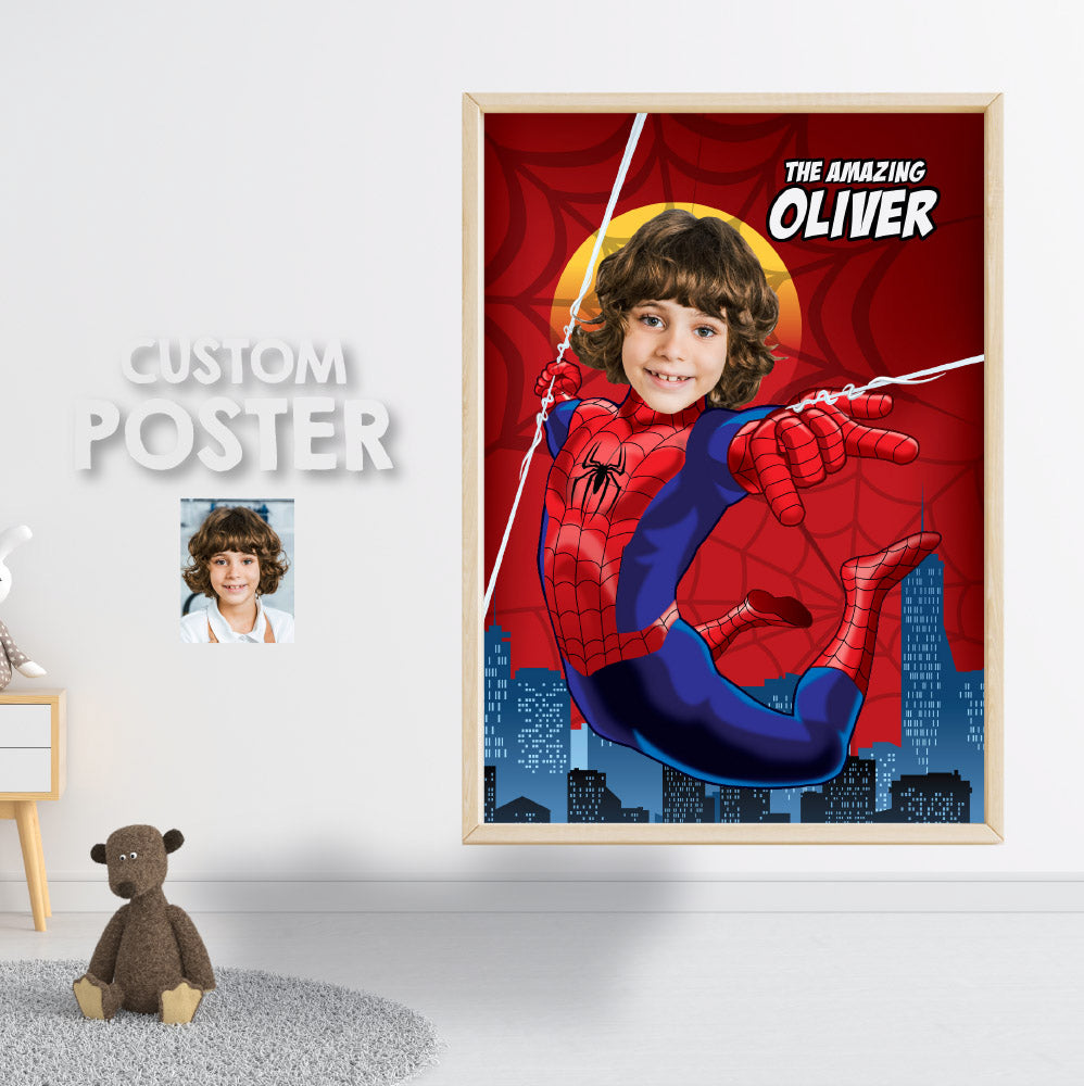 Custom Spiderman Poster with your kid as his favorite superhero, Spider-Man Wall Decoration with photo. 101PG