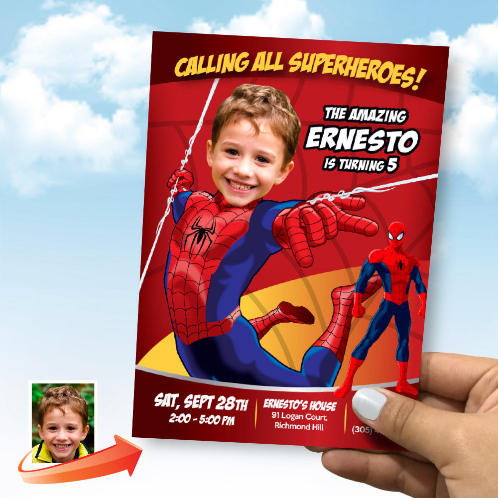 Personalized Spiderman Birthday Party Invitation with kid as the superhero: Printable and Digital. 101IN