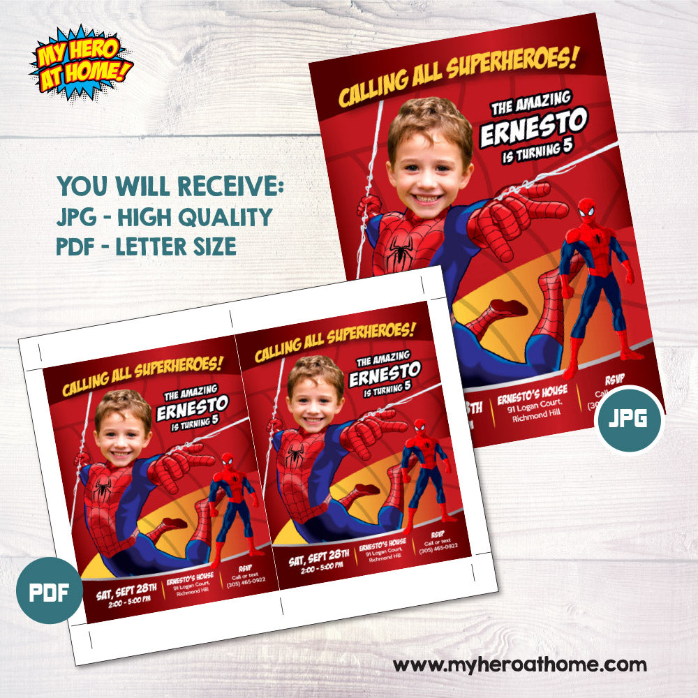 Personalized Spiderman Birthday Party Invitation with kid as the superhero: Printable and Digital. 101IN