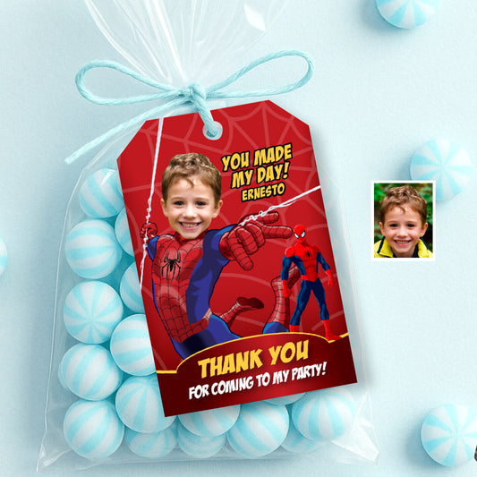 Custom Spiderman Party Thank You and Favor Tag with kid as his favorite Avenger. 101TY