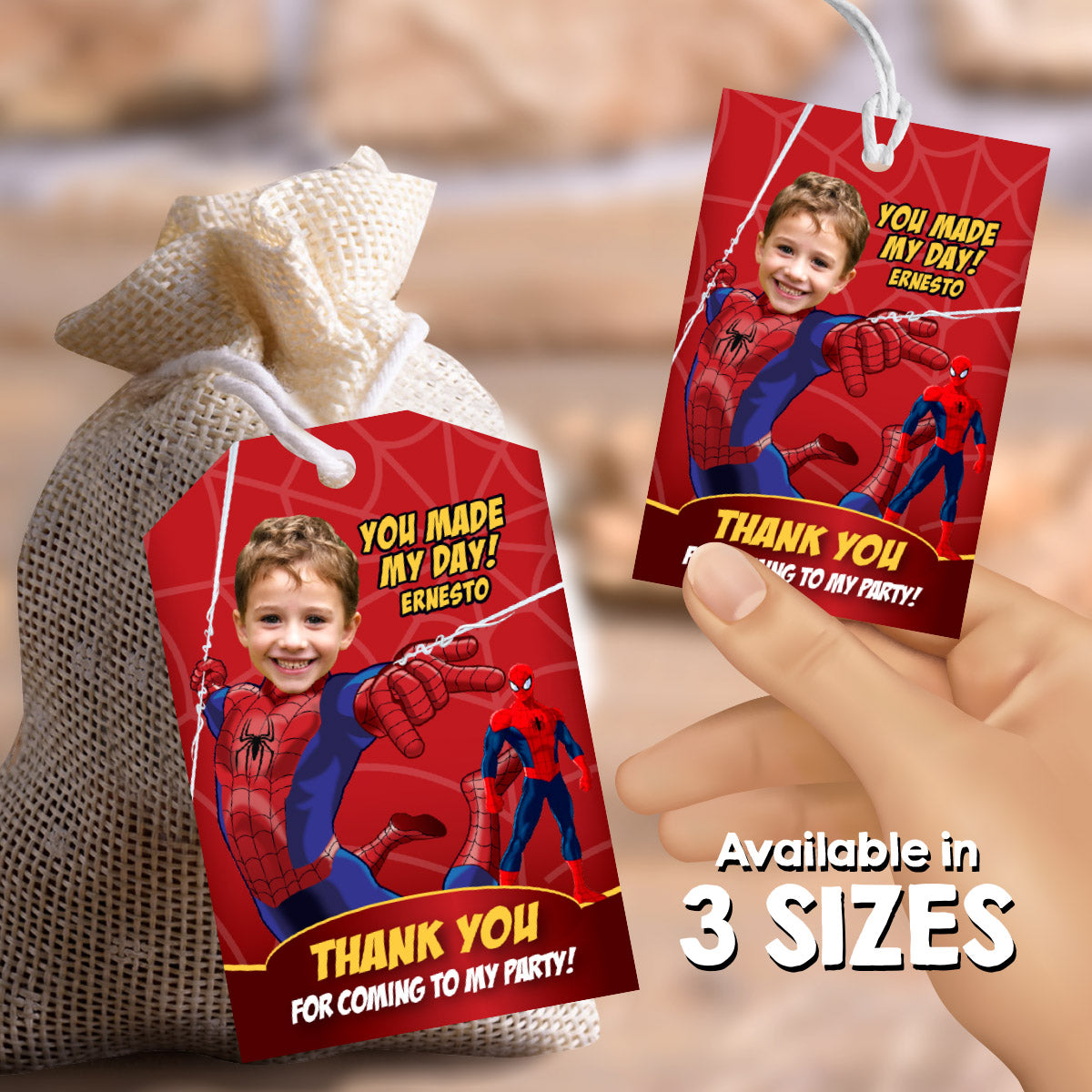 Custom Spiderman Party Thank You and Favor Tag with kid as his favorite Avenger. 101TY
