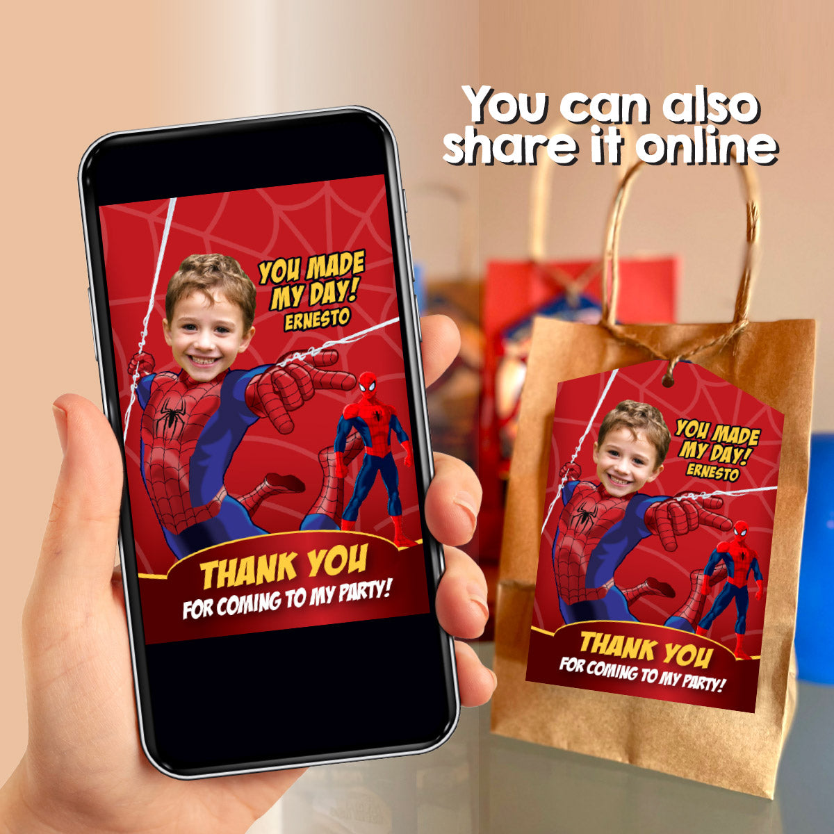 Custom Spiderman Party Thank You and Favor Tag with kid as his favorite Avenger. 101TY