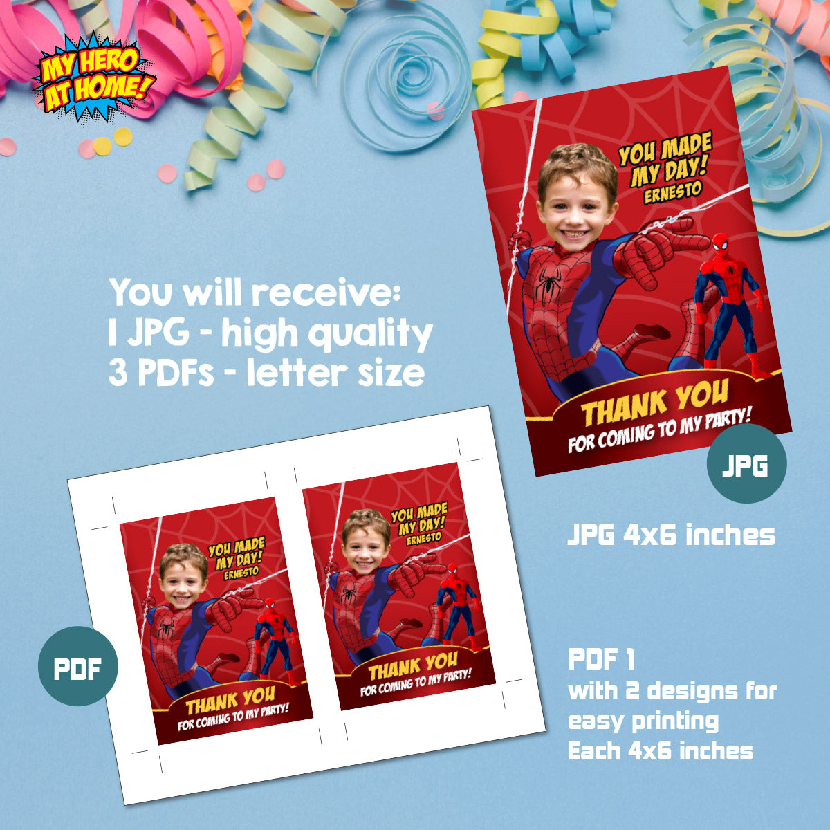 Custom Spiderman Party Thank You and Favor Tag with kid as his favorite Avenger. 101TY