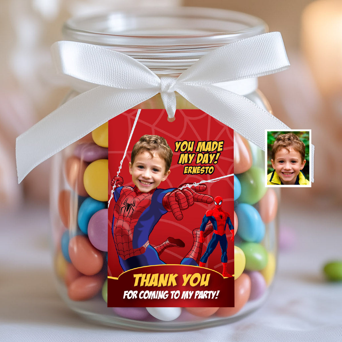 Custom Spiderman Party Thank You and Favor Tag with kid as his favorite Avenger. 101TY