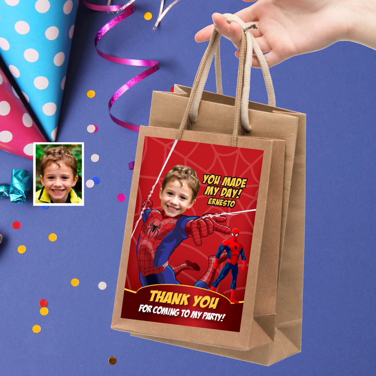 Custom Spiderman Party Thank You and Favor Tag with kid as his favorite Avenger. 101TY