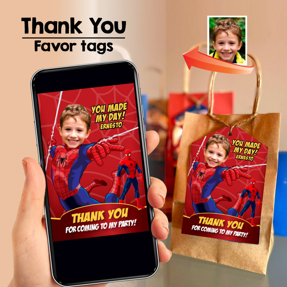 Custom Spiderman Party Thank You and Favor Tag with kid as his favorite Avenger. 101TY