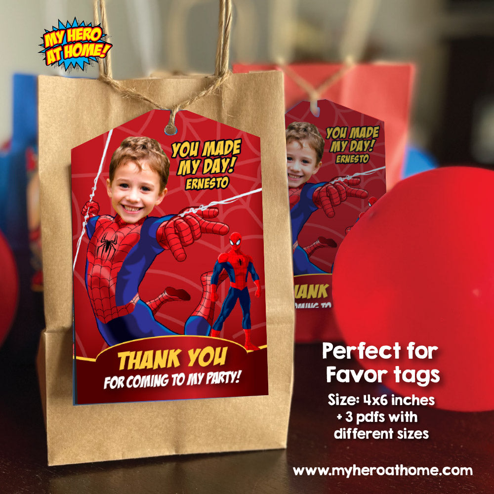 Custom Spiderman Party Thank You and Favor Tag with kid as his favorite Avenger. 101TY