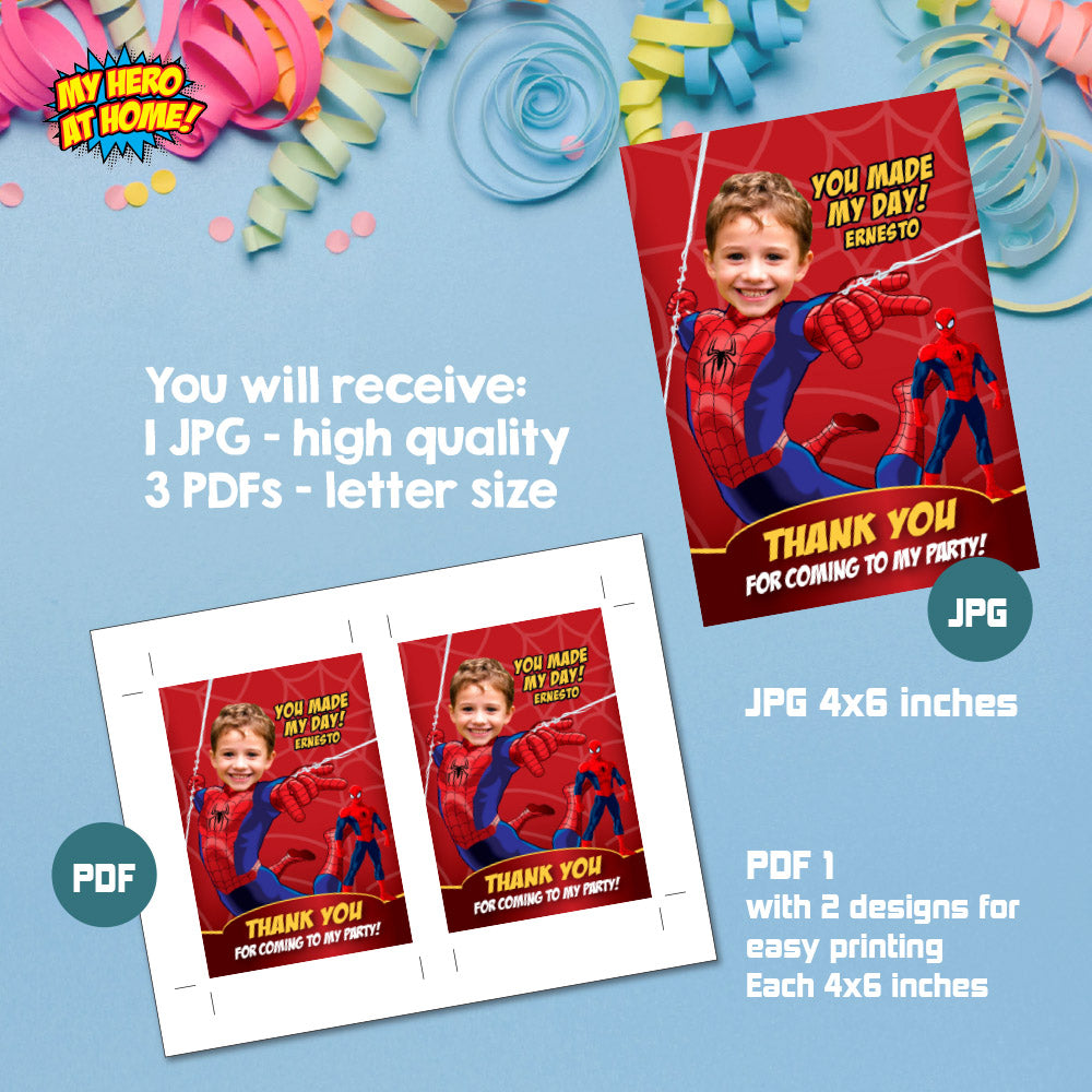 Custom Spiderman Party Thank You and Favor Tag with kid as his favorite Avenger. 101TY