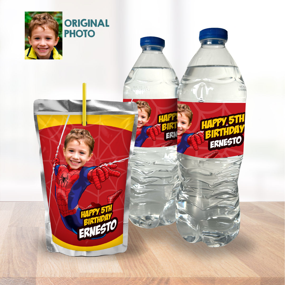 Spiderman water wrappers with photo, Spiderman party juice and Capri sun labels. 101WJ