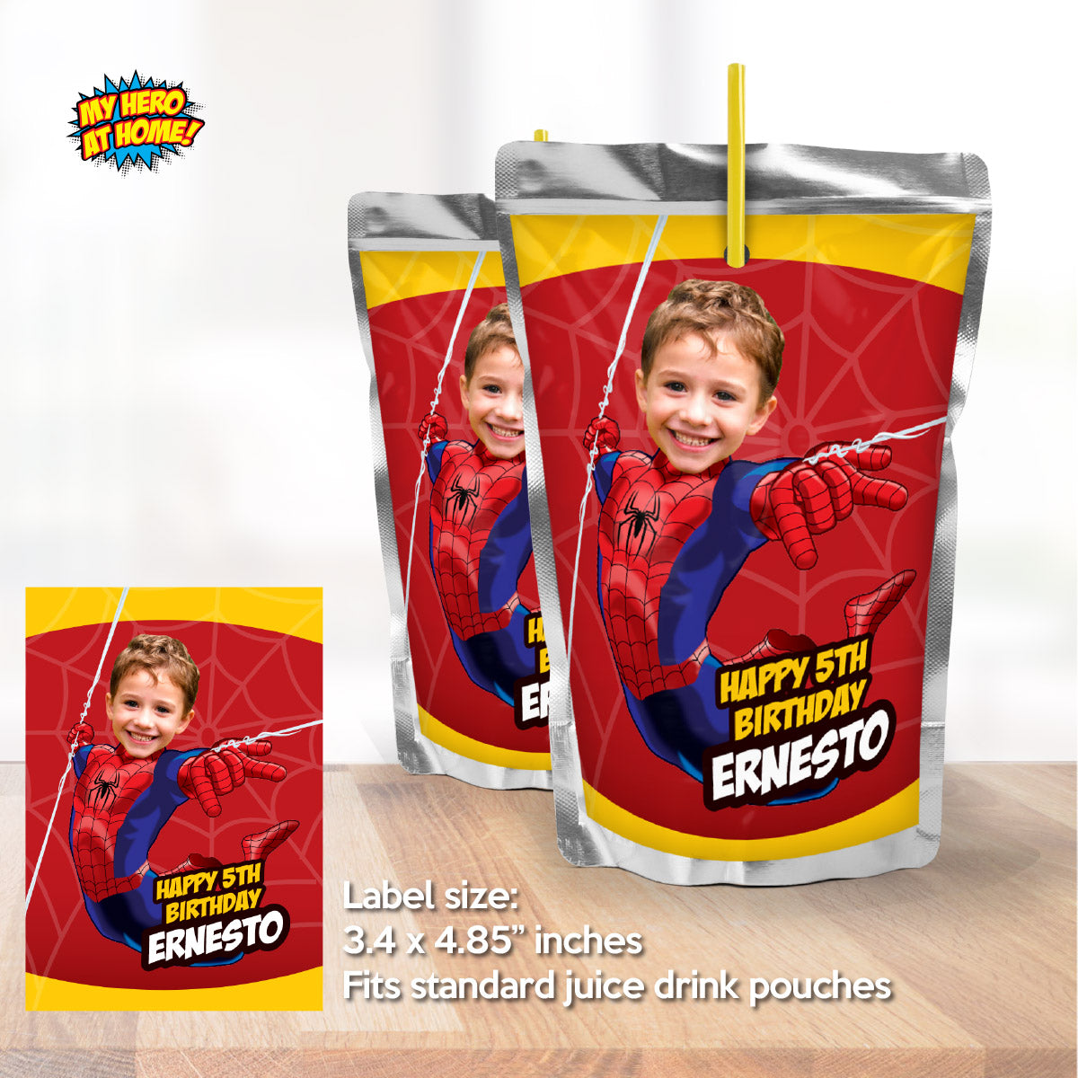 Spiderman water wrappers with photo, Spiderman party juice and Capri sun labels. 101WJ