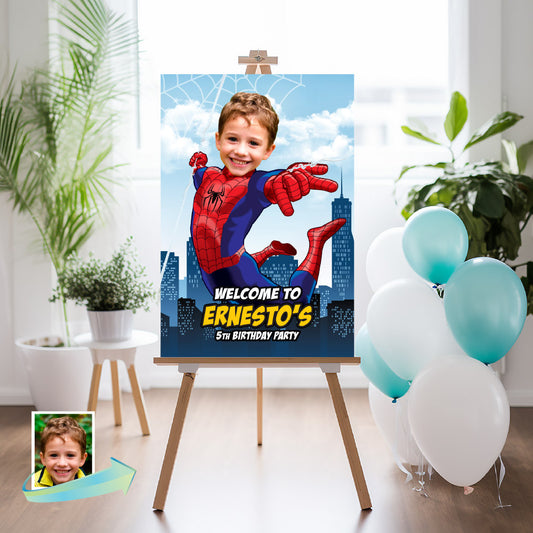 Spiderman Birthday Welcome sign with kid as his favorite Avenger, Spiderman Party Entrance Print. 101WS
