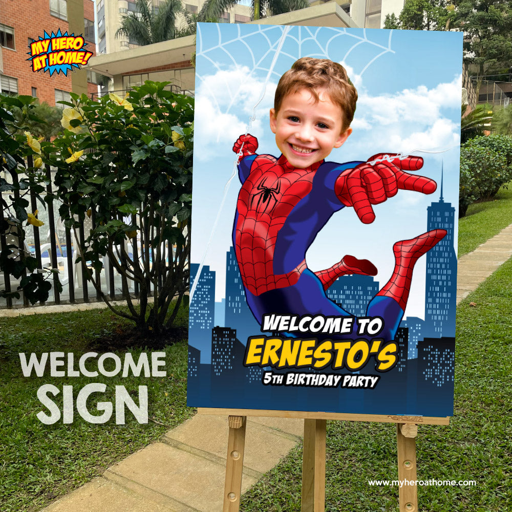 Spiderman Birthday Welcome sign with kid as his favorite Avenger, Spiderman Party Entrance Print. 101WS