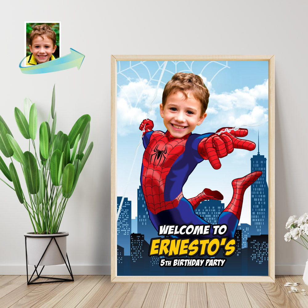 Spiderman Birthday Welcome sign with kid as his favorite Avenger, Spiderman Party Entrance Print. 101WS