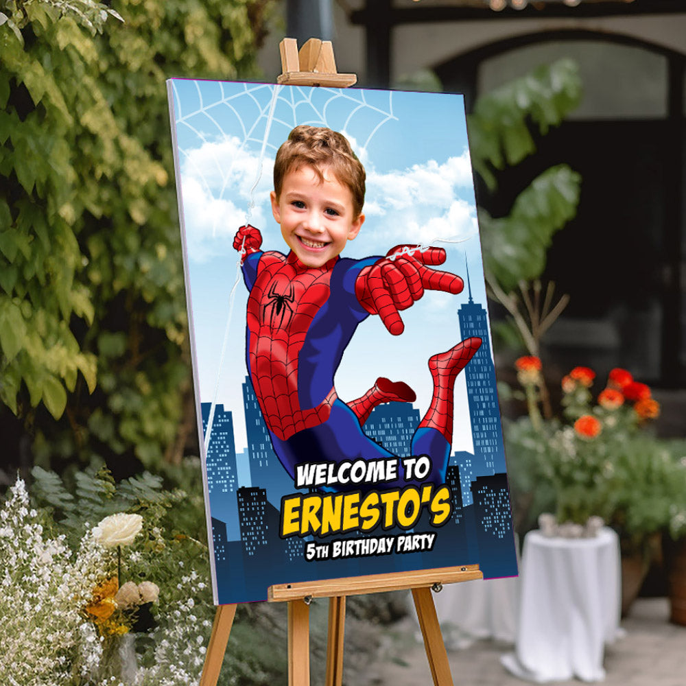 Spiderman Birthday Welcome sign with kid as his favorite Avenger, Spiderman Party Entrance Print. 101WS
