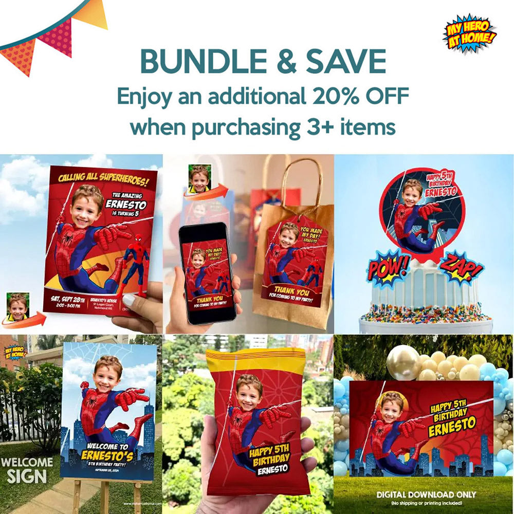 Custom Spiderman Party Thank You and Favor Tag with kid as his favorite Avenger. 101TY