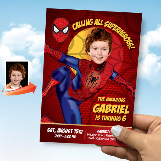 Calling All Superheroes Party Invitation featuring Birthday boy as Spiderman. 102C