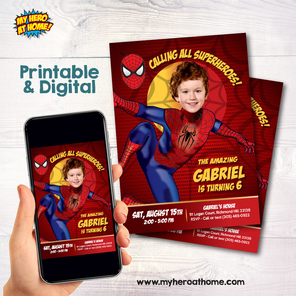 Calling All Superheroes Party Invitation featuring Birthday boy as Spiderman. 102C