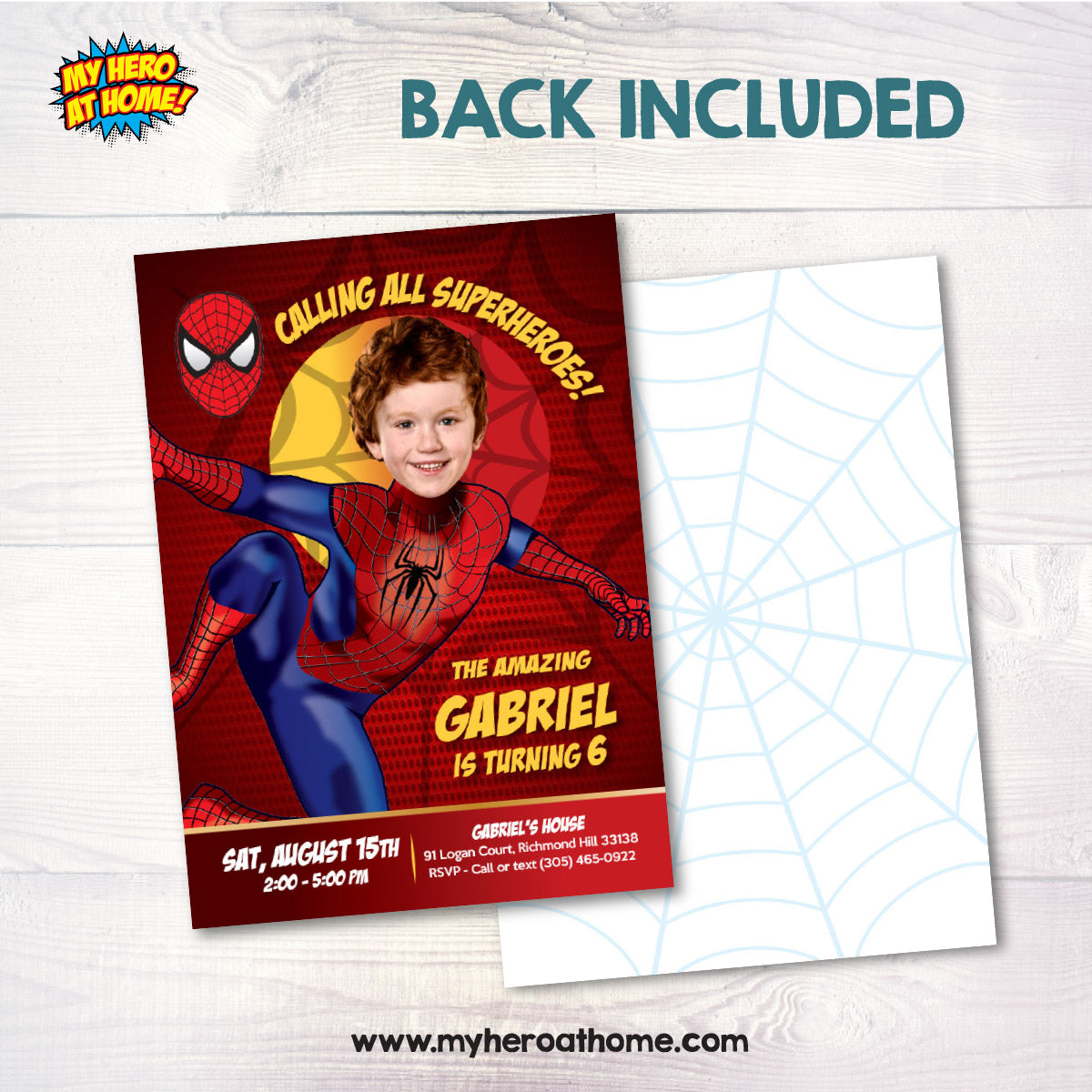 Calling All Superheroes Party Invitation featuring Birthday boy as Spiderman. 102C