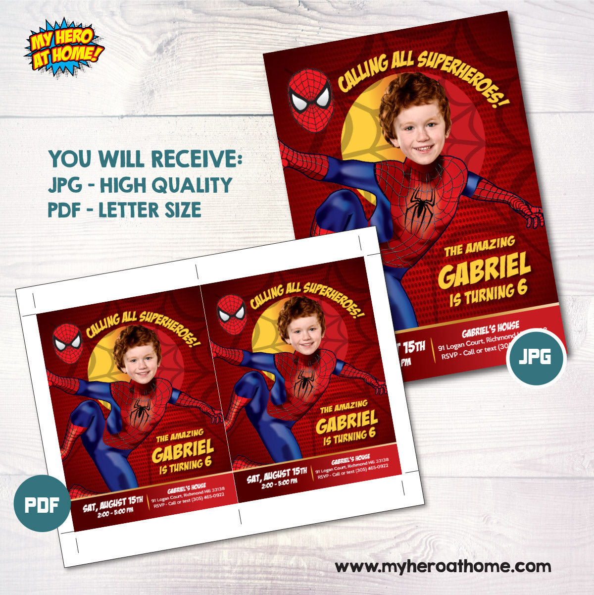 Calling All Superheroes Party Invitation featuring Birthday boy as Spiderman. 102C
