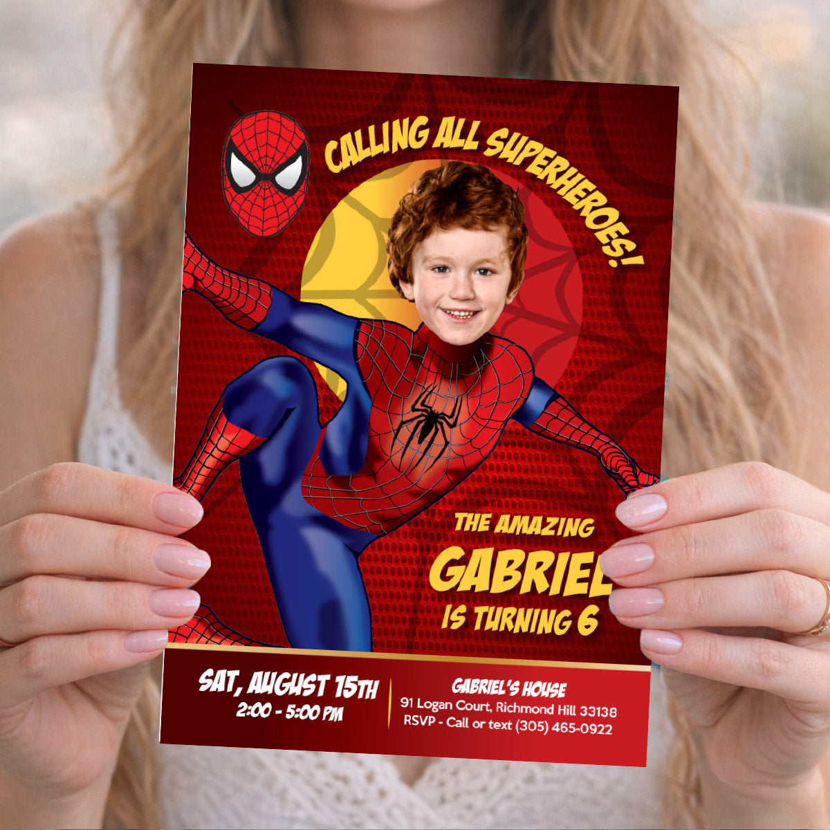 Calling All Superheroes Party Invitation featuring Birthday boy as Spiderman. 102C
