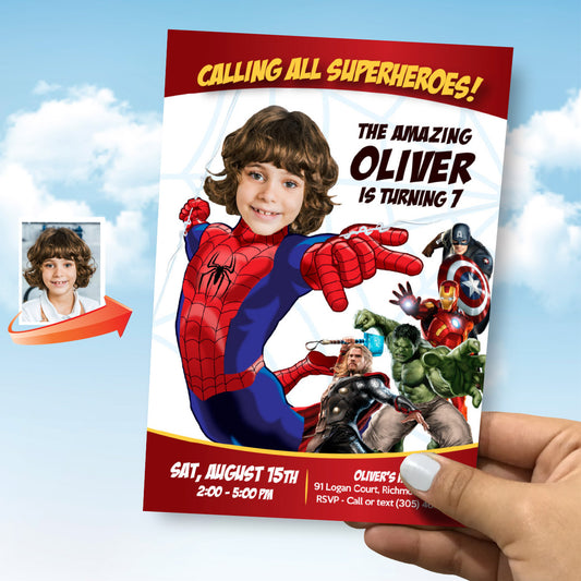 Custom Spiderman Avengers Birthday Invitation with kid as the main character. 103IN1