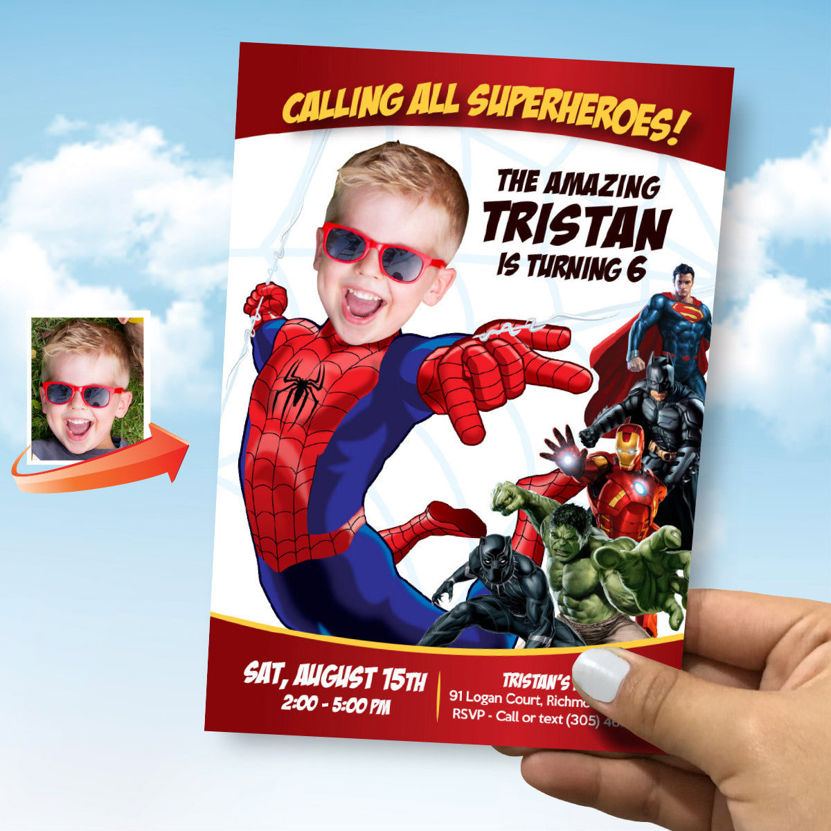 Spider-Man Superheroes Birthday Invitation with child as Spiderman. 103IN2