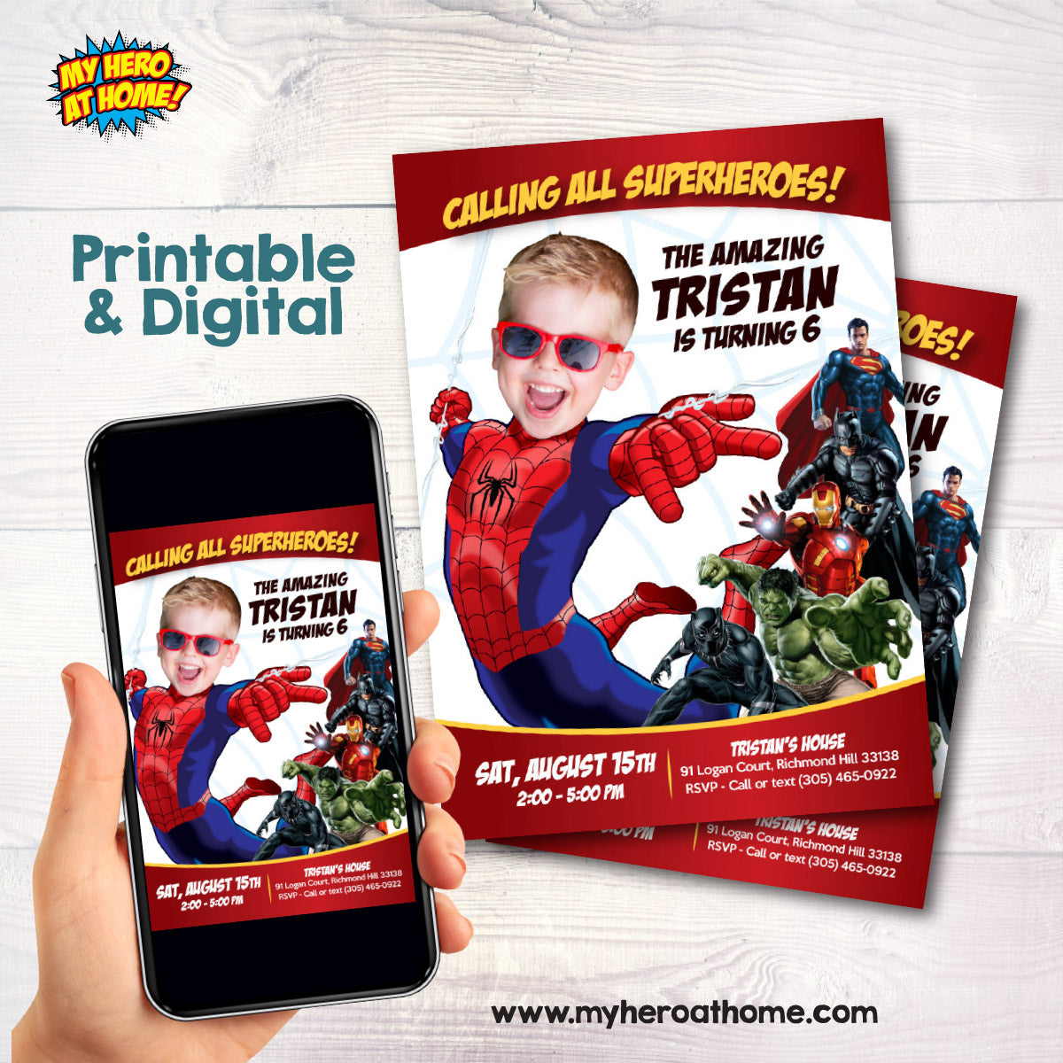 Spider-Man Superheroes Birthday Invitation with child as Spiderman. 103IN2