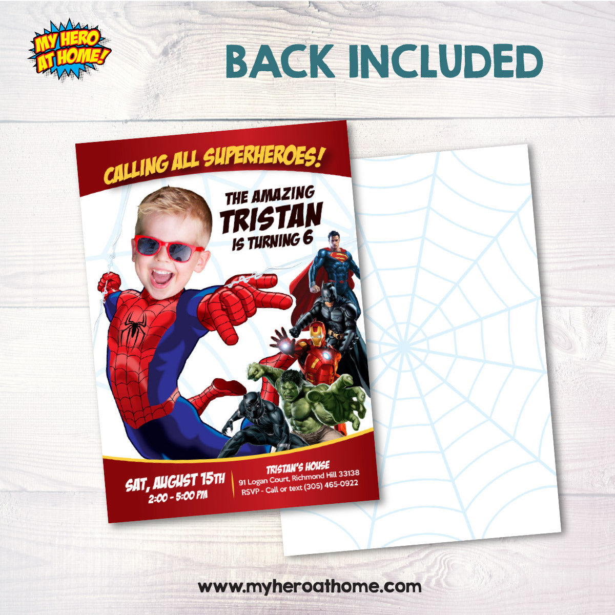 Spider-Man Superheroes Birthday Invitation with child as Spiderman. 103IN2