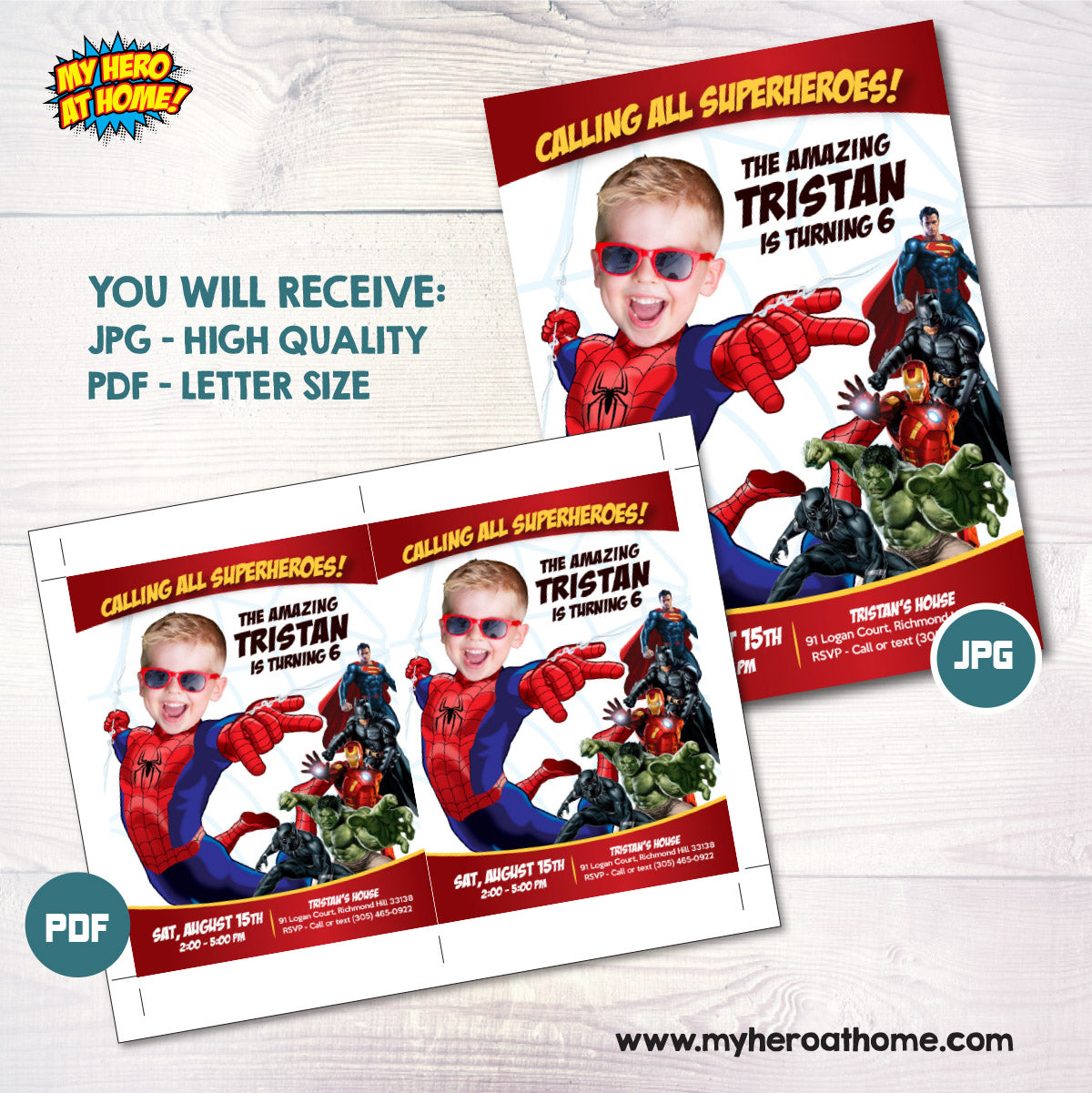 Spider-Man Superheroes Birthday Invitation with child as Spiderman. 103IN2