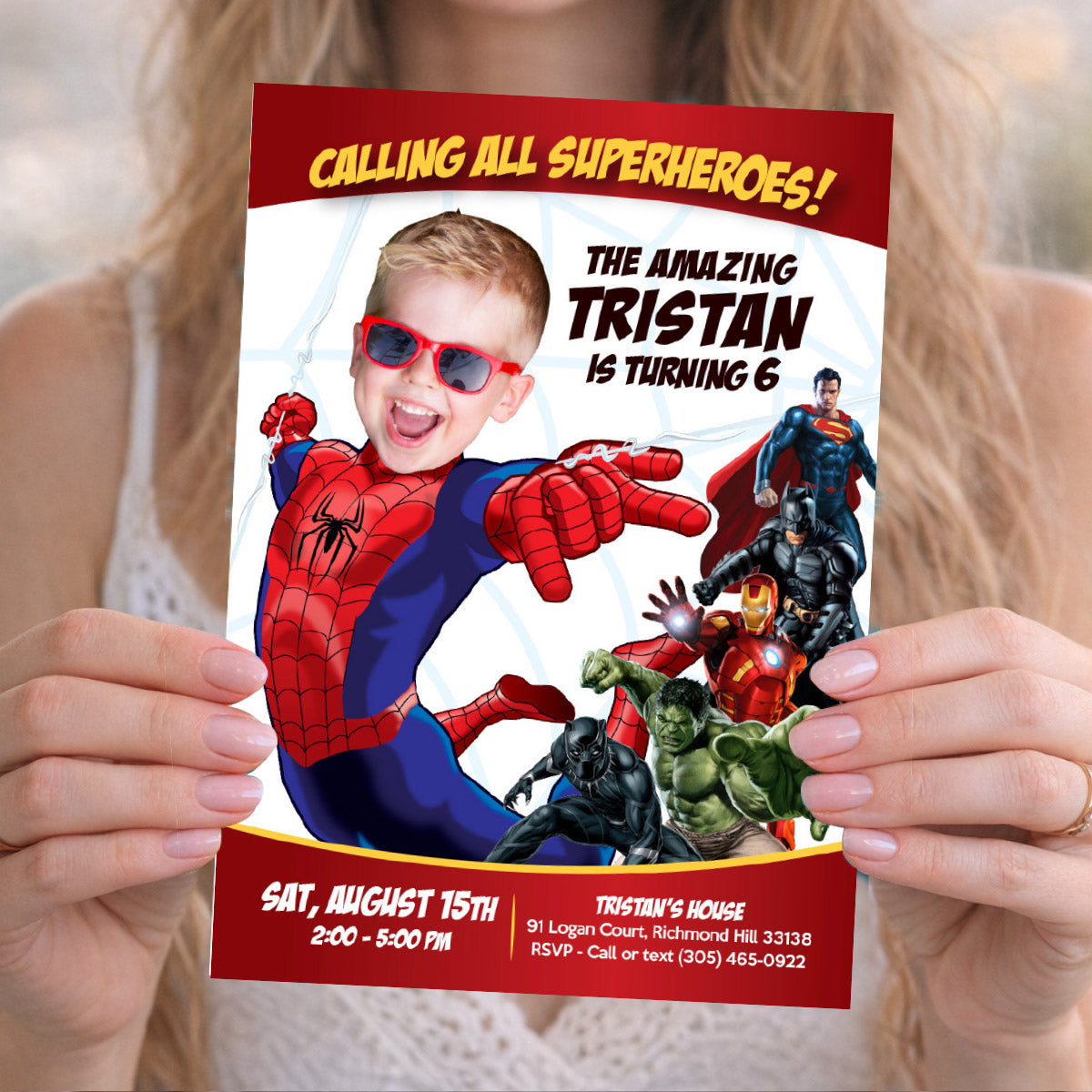 Spider-Man Superheroes Birthday Invitation with child as Spiderman. 103IN2