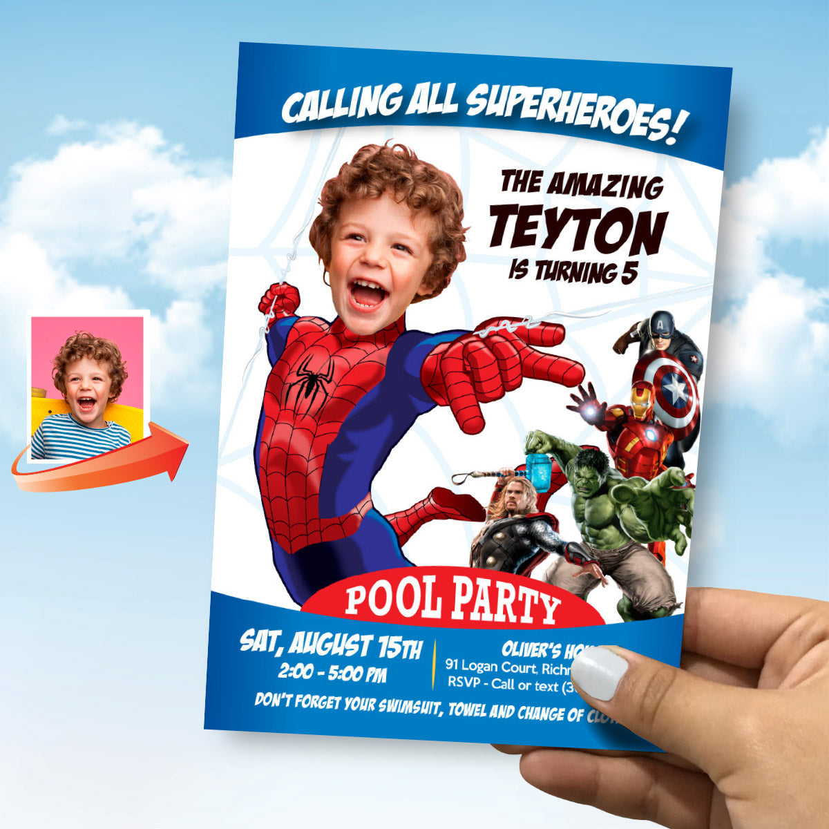 Spiderman Avengers Pool Party Invitation with birthday kid as Spiderman. 103IN3