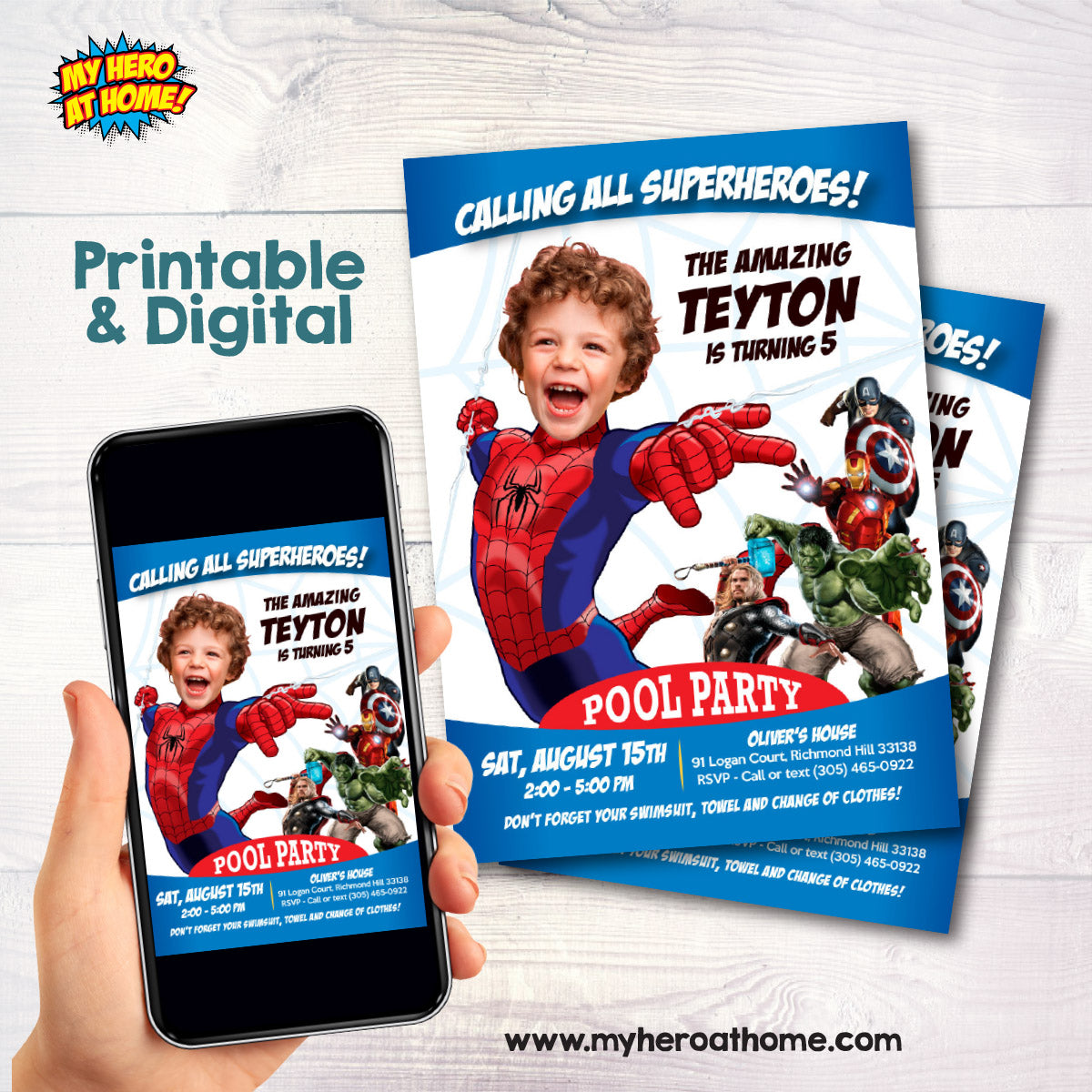 Spiderman Avengers Pool Party Invitation with birthday kid as Spiderman. 103IN3