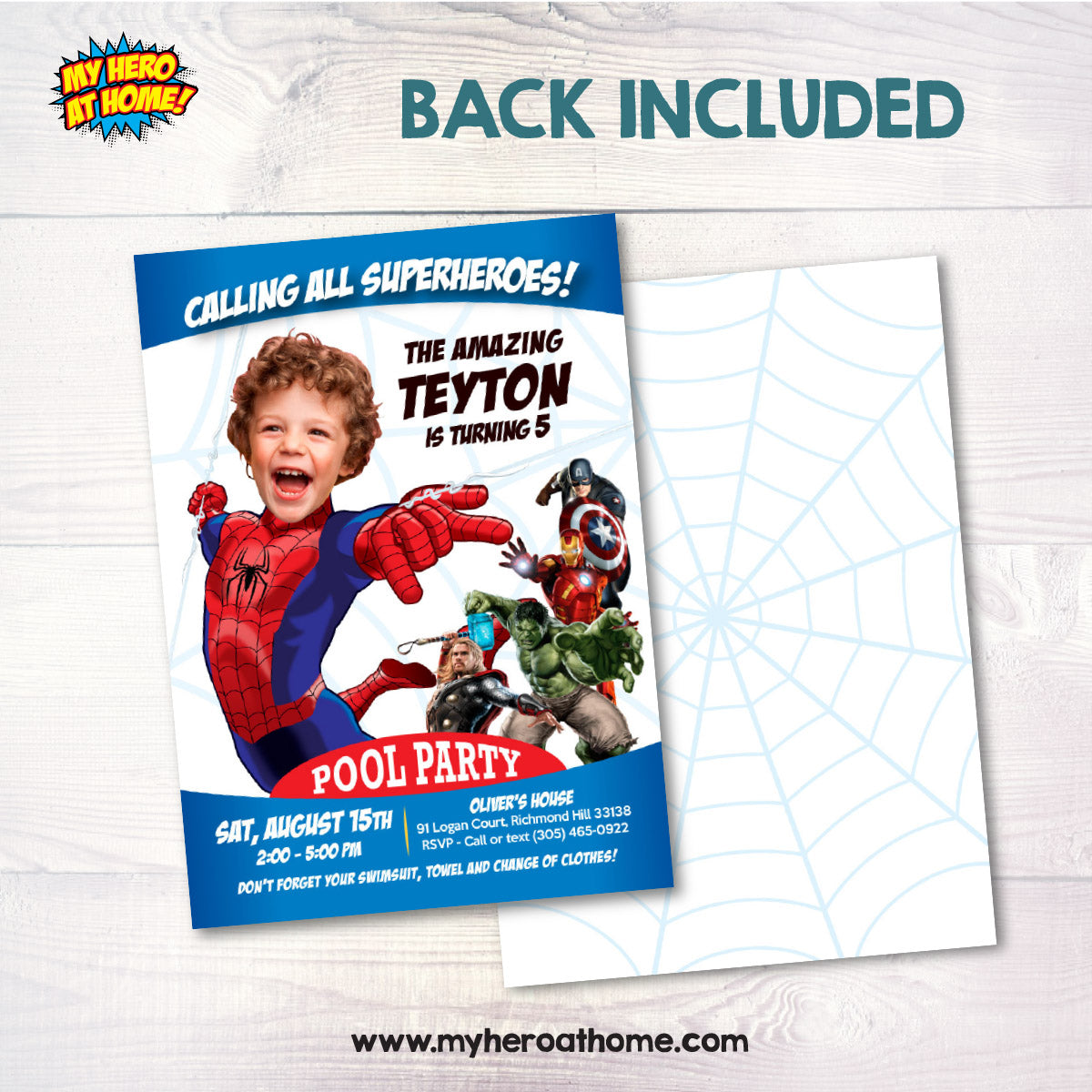 Spiderman Avengers Pool Party Invitation with birthday kid as Spiderman. 103IN3