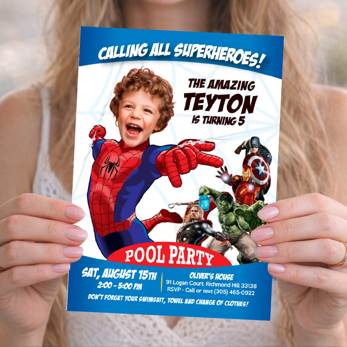 Spiderman Avengers Pool Party Invitation with birthday kid as Spiderman. 103IN3