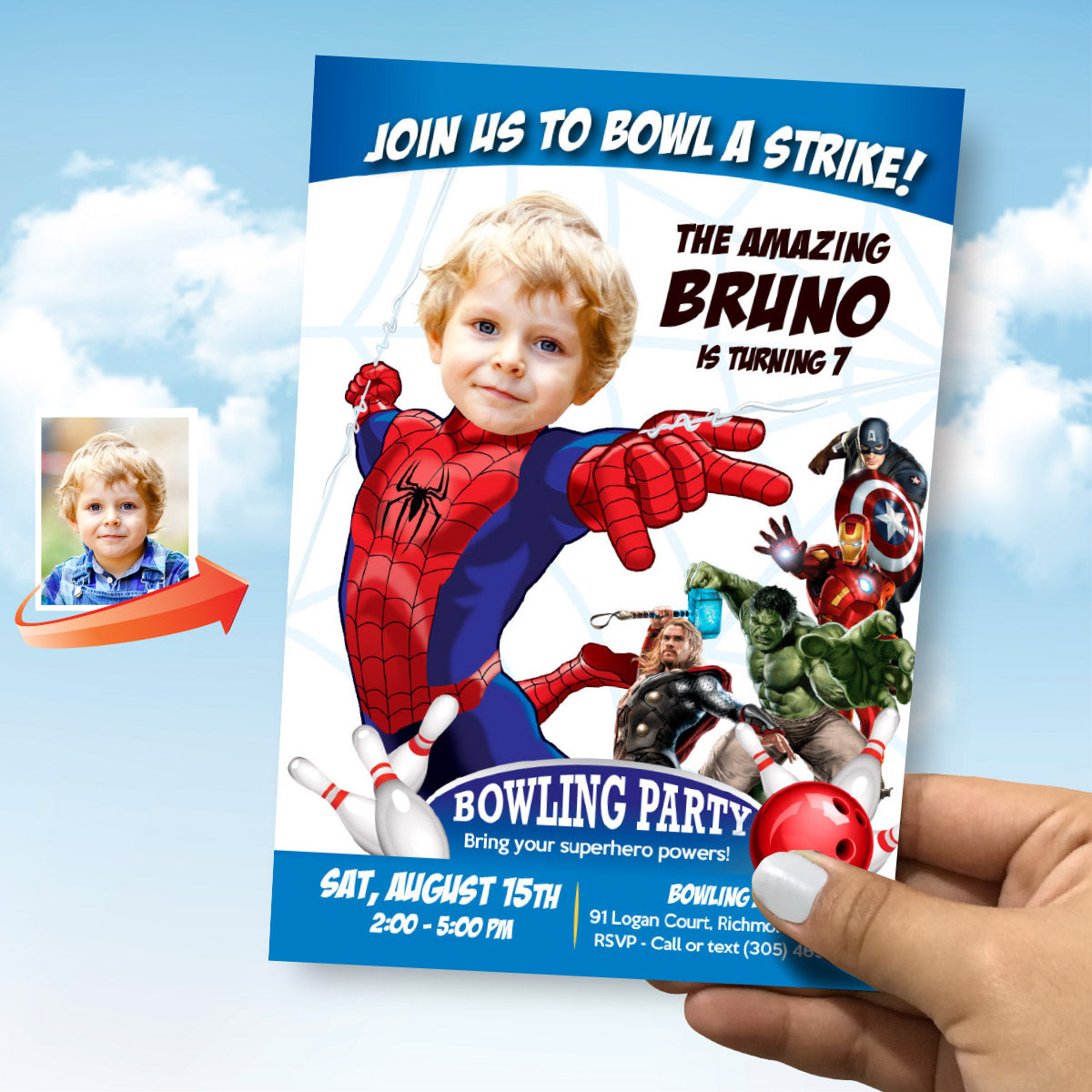 Avengers Bowling Party Invitation with birthday kid as Spiderman. 103IN4