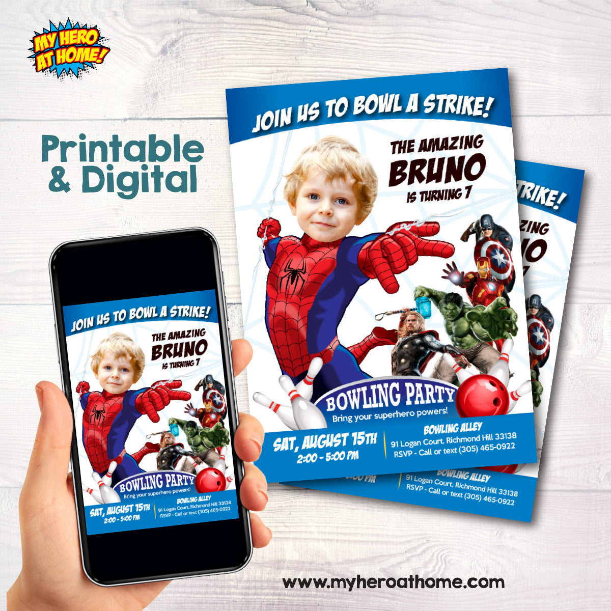 Avengers Bowling Party Invitation with birthday kid as Spiderman. 103IN4