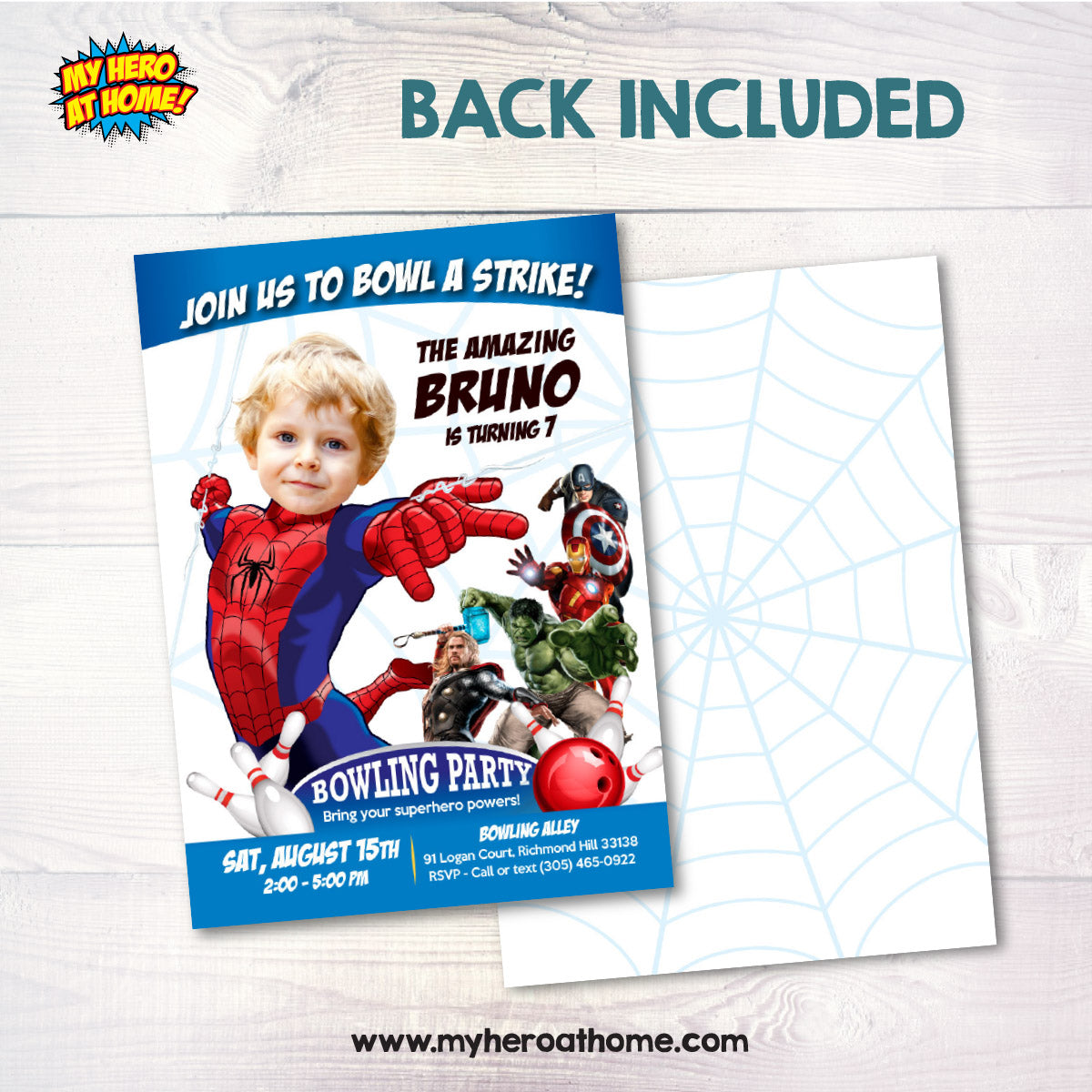 Avengers Bowling Party Invitation with birthday kid as Spiderman. 103IN4
